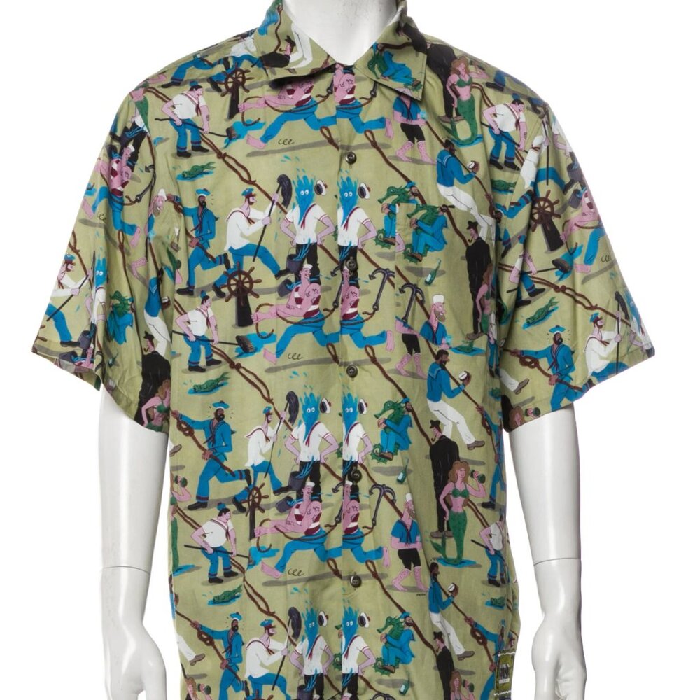 Prada 2016 Popeline Button Up Sailor & Mermaid Short-Sleeved Shirt in Olive